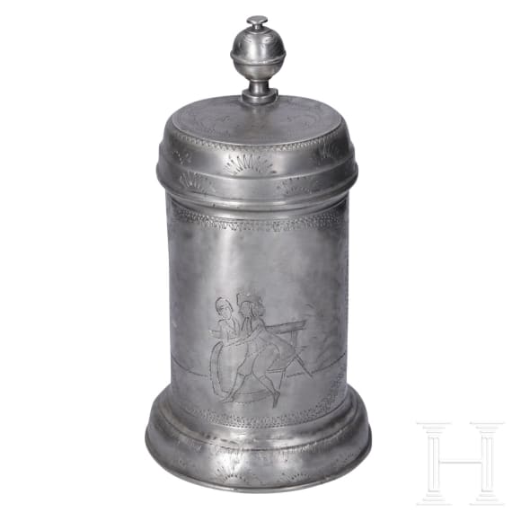Gravierter Walzenkrug und Schokoladenkanne, Sachsen, um 1800
