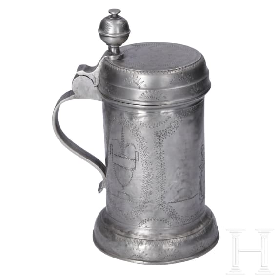 Gravierter Walzenkrug und Schokoladenkanne, Sachsen, um 1800
