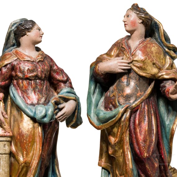 Two southern German wooden statues of St. Cathrine and St. Barbara, mid-18th century