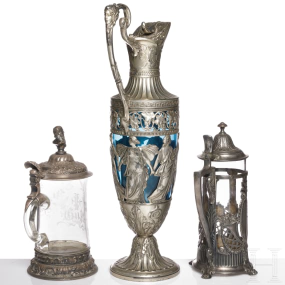 Drei Glaskr&uuml;ge mit Metallmontierung, WMF, Geislingen, um 1900