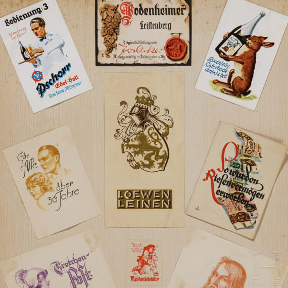Willi Engelhardt - vier Kartonplatten mit Werbe- und Reklamebl&auml;ttern sowie Briefk&ouml;pfen, mit Pschorr-Br&auml;u, Gretchen-Post, Dix-Film M&uuml;nchen, sowie ein Sonderdruck "Soldaten und K&uuml;nstler", 1941