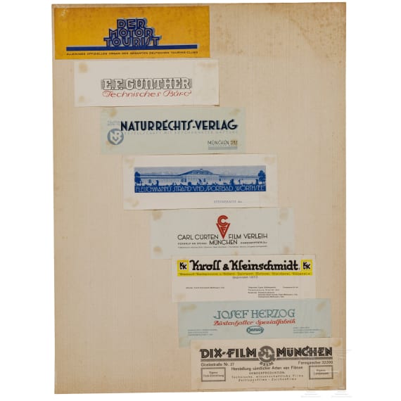 Willi Engelhardt - vier Kartonplatten mit Werbe- und Reklamebl&auml;ttern sowie Briefk&ouml;pfen, mit Pschorr-Br&auml;u, Gretchen-Post, Dix-Film M&uuml;nchen, sowie ein Sonderdruck "Soldaten und K&uuml;nstler", 1941