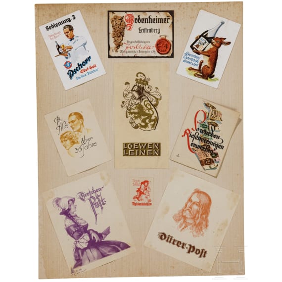 Willi Engelhardt - vier Kartonplatten mit Werbe- und Reklamebl&auml;ttern sowie Briefk&ouml;pfen, mit Pschorr-Br&auml;u, Gretchen-Post, Dix-Film M&uuml;nchen, sowie ein Sonderdruck "Soldaten und K&uuml;nstler", 1941