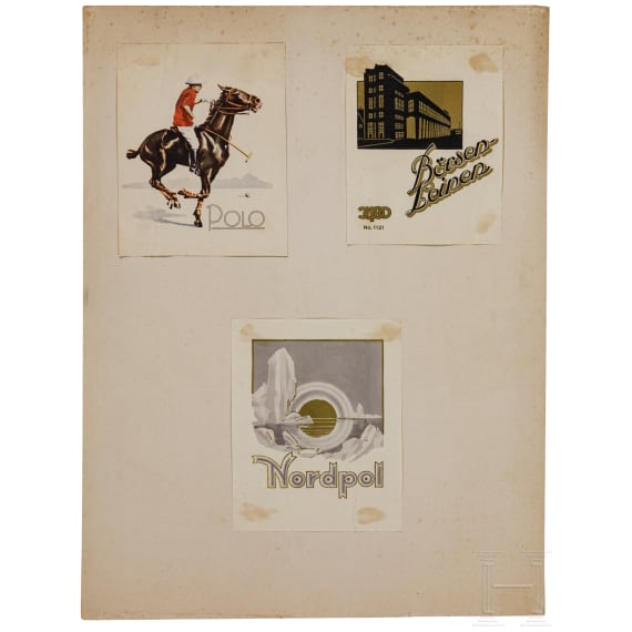Willi Engelhardt - vier Kartonplatten mit Werbe- und Reklamebl&auml;ttern sowie Briefk&ouml;pfen, mit Pschorr-Br&auml;u, Gretchen-Post, Dix-Film M&uuml;nchen, sowie ein Sonderdruck "Soldaten und K&uuml;nstler", 1941