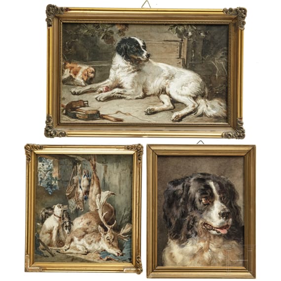 Drei Aquarelle mit Hundedarstellungen sowie einem jagdlichen Stillleben (Verboeckhoven 1799 - 1881 und Verschuur 1812 - 1874), Niederlande, 19. Jhdt.
