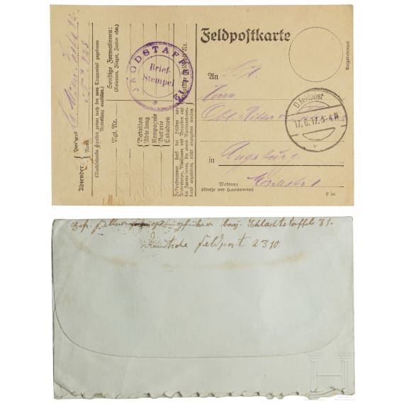 Feldpostkarte von Mitgliedern der Jasta 12 an Staffelführer Hauptmann Ritter von Tutschek, datiert 14.6.1917