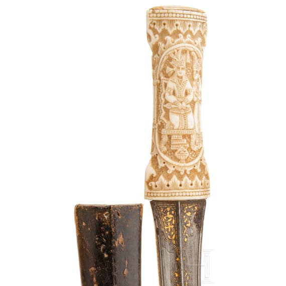 A gold-damascened Persian khanjar with a carved grip made of walrus tooth, circa 1800