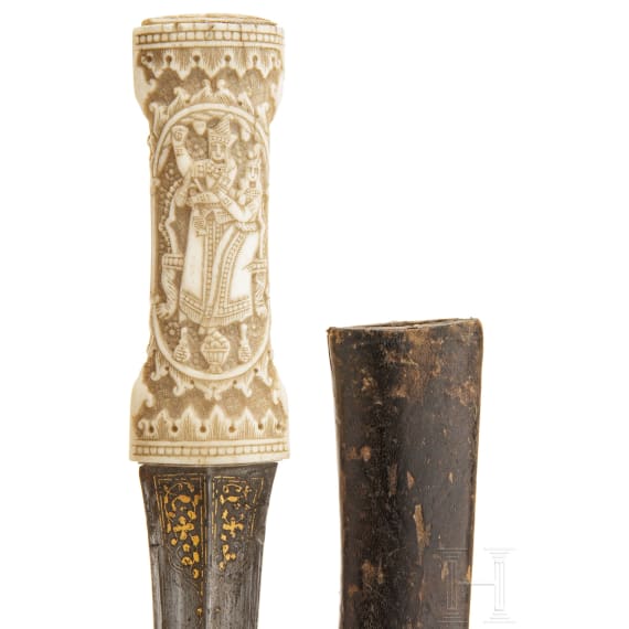 A gold-damascened Persian khanjar with a carved grip made of walrus tooth, circa 1800