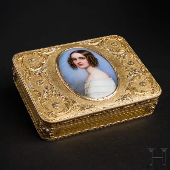 Kaiserin Elisabeth von Österreich - goldene Geschenkdose mit Portrait der Prinzessin Alexandra Amalie von Bayern, Carl Martin Weishaupt & Söhne, Hanau, 1850