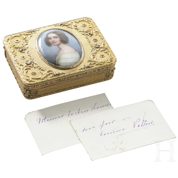 Kaiserin Elisabeth von Österreich - goldene Geschenkdose mit Portrait der Prinzessin Alexandra Amalie von Bayern, Carl Martin Weishaupt & Söhne, Hanau, 1850