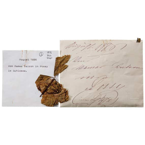 Empress Elisabeth of Austria - leaves from Possenhofen Castle in hand-inscribed envelope, August 1886