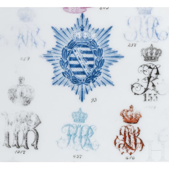 A large test-plate of the Saxon porcelain manufacturer Frauenreuth showing regimental signs and noble crests