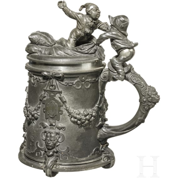 A patriotic tin tankard with Napoleon III and the German Michel, dated "Barth München 1871"