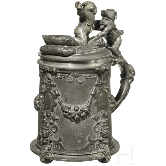 A patriotic tin tankard with Napoleon III and the German Michel, dated "Barth München 1871"