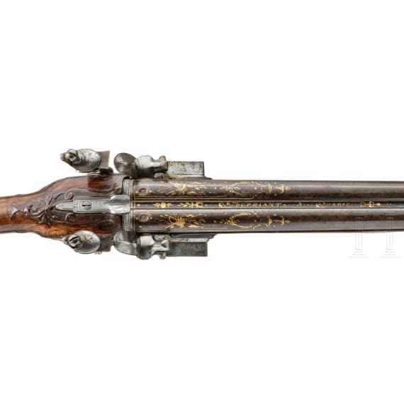 A gold-damascened flintlock side-by-side shotgun by Toupriant, Paris, circa 1770