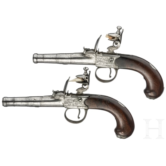 A cased pair of Queen Anne flintlock pocket pistols by Archer in London, circa 1760