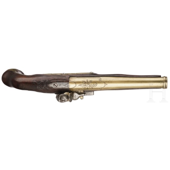 A French flintlock pistol with brass barrel and lock, Cassaignard à Nantes, circa 1760