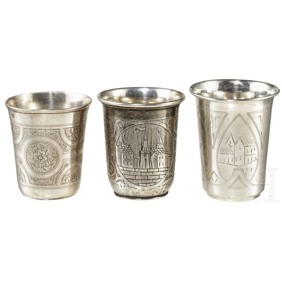 Three large Russian silver (vodka) beakers, St. Petersburg, 1860 resp. Moscow, 1872 resp. Kiev, 1896 - 1908