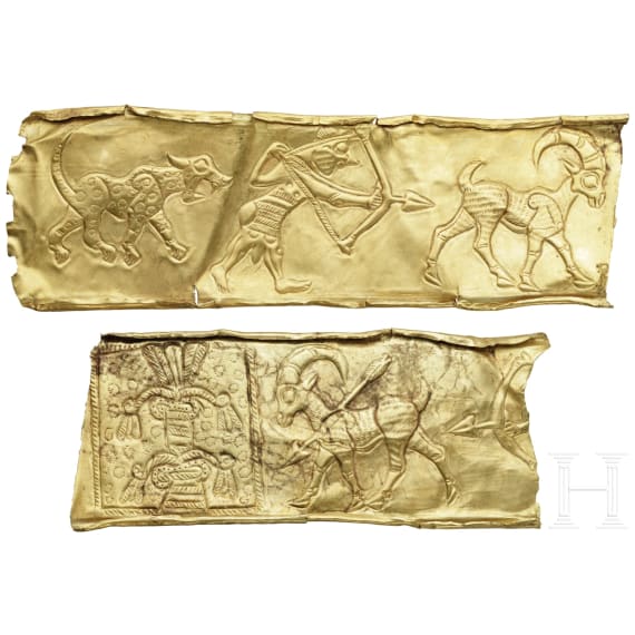 Goldbeschlag mit Jagdszene, Iran, 2. Jtsd. v. Chr.