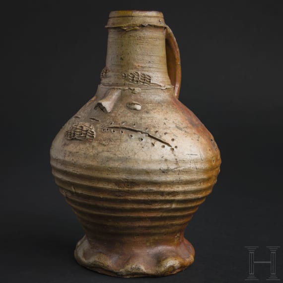 A partially glazed Bartmann's jug, Aachen, circa 1500
