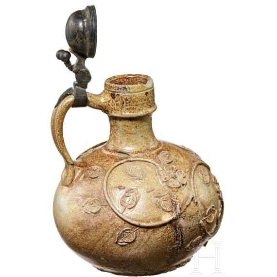 A stoneware jug with pewter mounting, Cologne, early 16th century