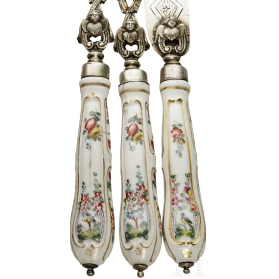 Three pieces of silver porcelain-mounted flatware, probably Meissen, 19th century