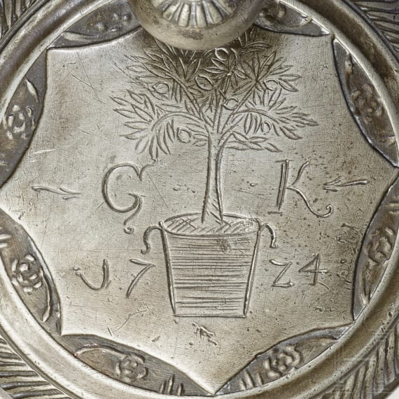 A Bohemian pewter-mounted glass jug with coat of arms of the House of Valois-Burgundy, dated 1724