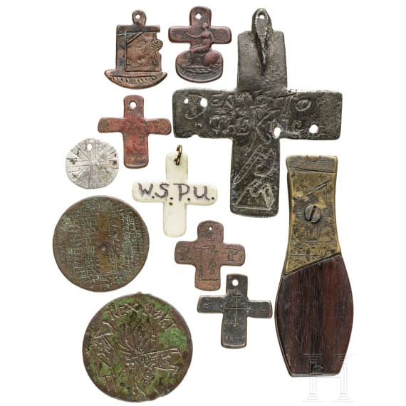 Six French and British prisoner's crosses and five anti-royalist stamps, 18th - early 20th century
