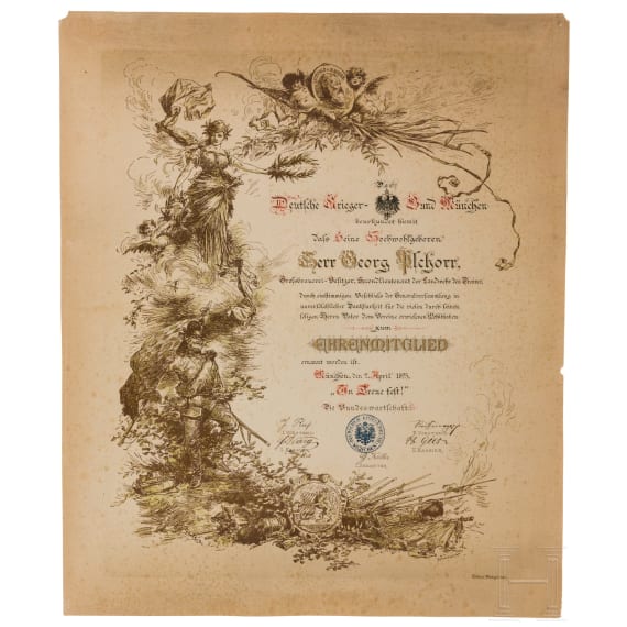 A certificate for honorary membership of Georg Pschorr to Deutscher Kriegerbund Munich, dated 1895