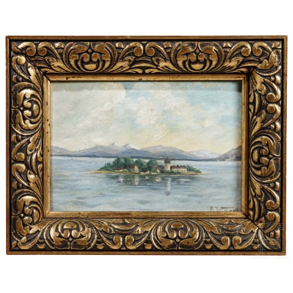 Blick auf die Fraueninsel mit den Chiemgauer Alpen, datiert 1912