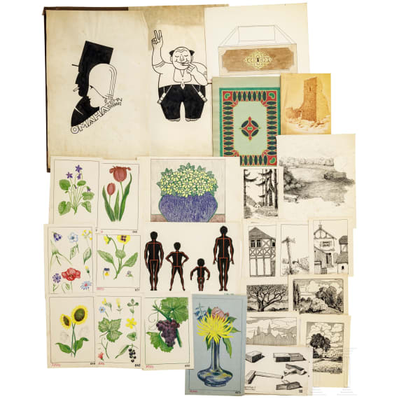 Willi Engelhardt - Aquarelle und Zeichnungen, teils Gouachefarben, aus seiner Studienzeit an der Kunstgewerbeschule in Mainz und der Akademie in M&uuml;nchen, 1920er - 1930er Jahre