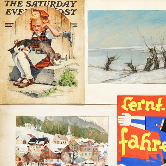 Willi Engelhardt - Arbeiten von Freunden und Kollegen, u. a. Fahrschulwerbung von Koch & Knab, Zeichnungen von L&uuml;decke, Pollinger, "The Saturday Evening Post", 1920er - 1930er Jahre