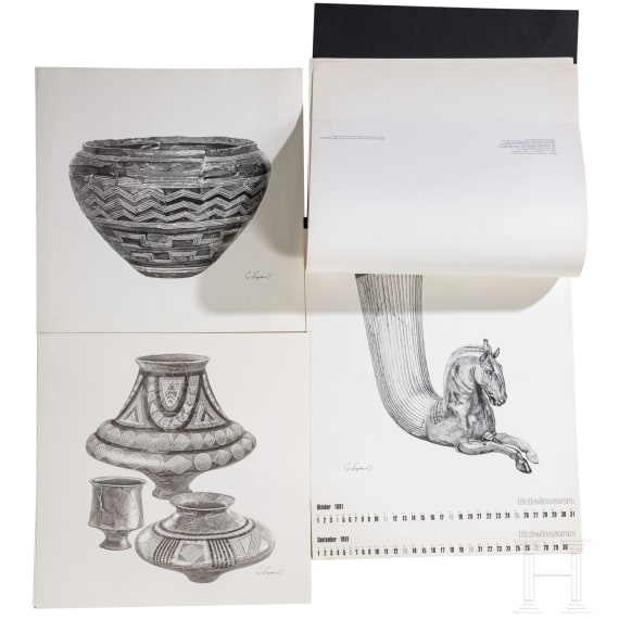 Willi Engelhardt - zw&ouml;lf Kunstbl&auml;tter, 1974, und vier Bl&auml;tter der "Keramik-Sammlung Edelmann", 1975, sowie ein Kalender "Edelmann - Das Gold der Thraker", 1981
