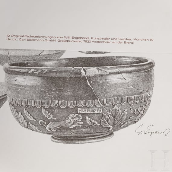 Willi Engelhardt - zw&ouml;lf Kunstbl&auml;tter, 1974, und vier Bl&auml;tter der "Keramik-Sammlung Edelmann", 1975, sowie ein Kalender "Edelmann - Das Gold der Thraker", 1981