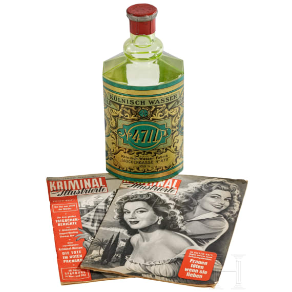 Gro&szlig;e Schaust&uuml;ck-Glasflasche "4711 - K&ouml;lnisch Wasser" und zwei Magazine "Kriminal Illustrierte" mit Titelbild von Willi Engelhardt
