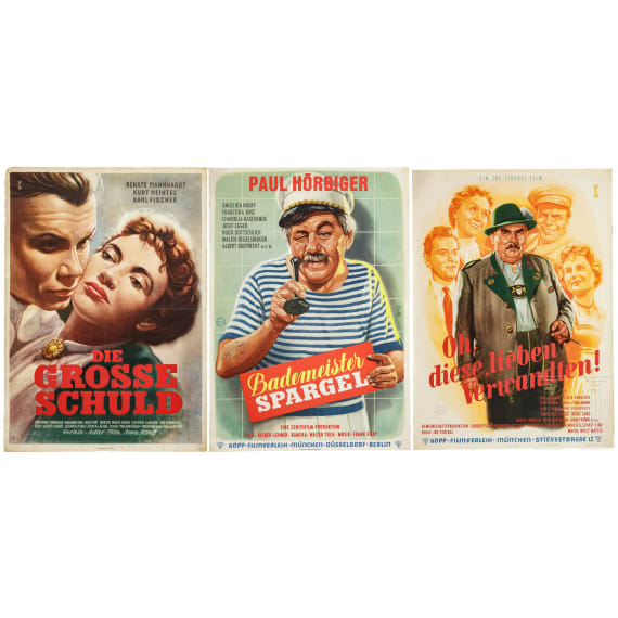 Willi Engelhardt - drei Filmplakate zu "Bademeister Spargel", "Oh diese lieben Verwandten" und "Die gro&szlig;e Schuld", 1950er Jahre