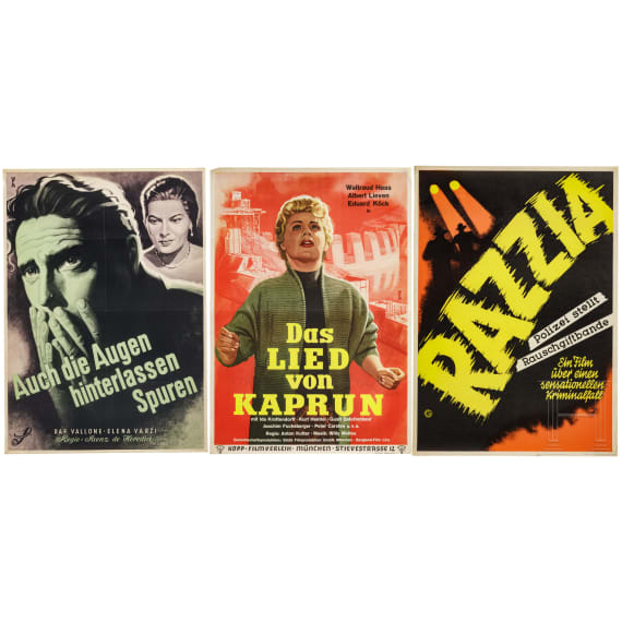 Willi Engelhardt - drei Filmplakate zu "Das Lied von Kaprun", "Razzia - Polizei stellt Rauschgiftbande" und "Auch die Augen hinterlassen Spuren", 1950er Jahre