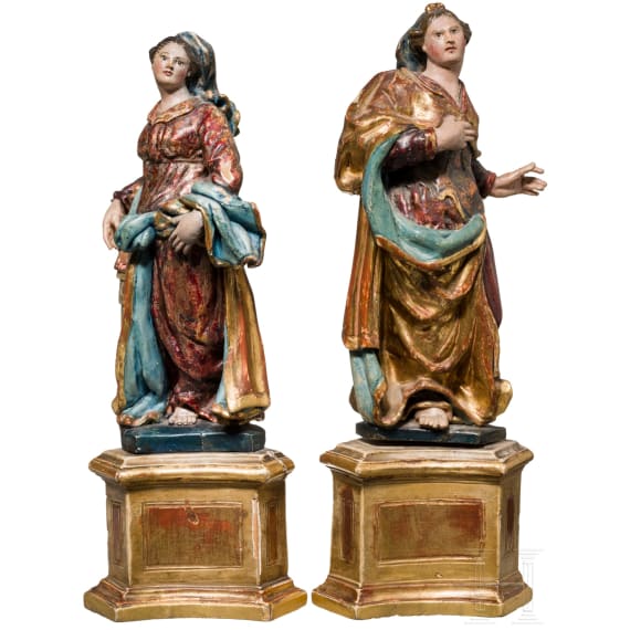 Ein Paar Heiligenfiguren, Katharina und Barbara, s&uuml;ddeutsch, Mitte 18. Jhdt.