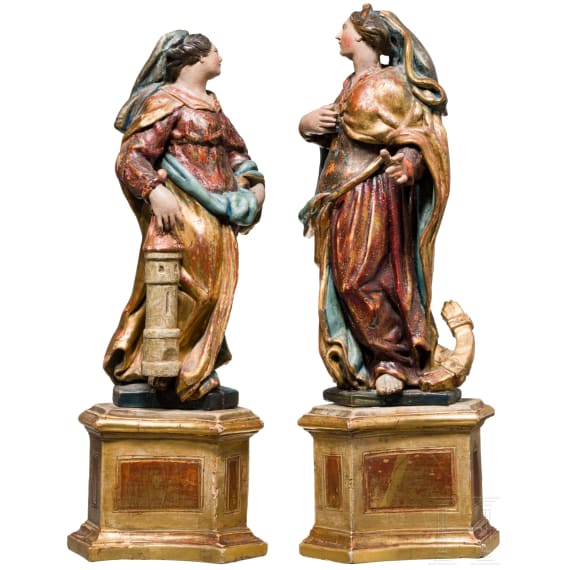 Ein Paar Heiligenfiguren, Katharina und Barbara, s&uuml;ddeutsch, Mitte 18. Jhdt.