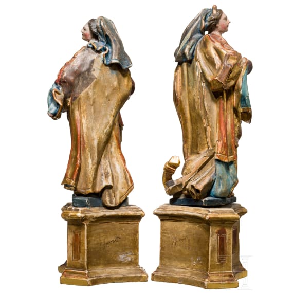 Ein Paar Heiligenfiguren, Katharina und Barbara, s&uuml;ddeutsch, Mitte 18. Jhdt.