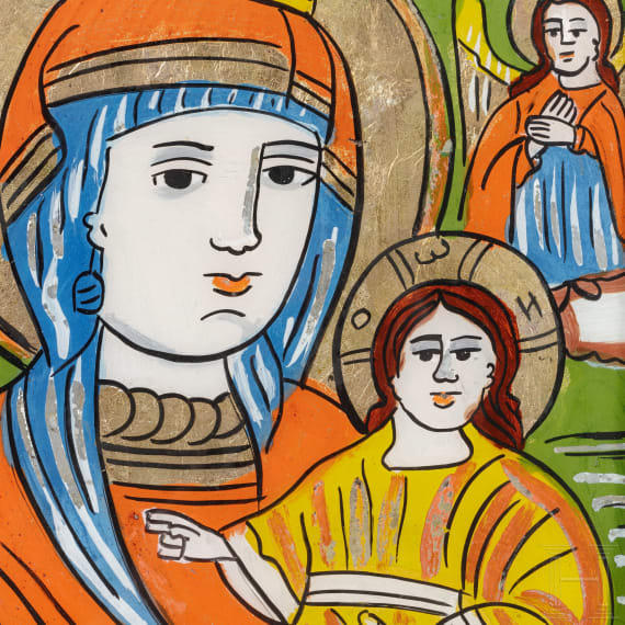 Hinterglasbild (Hinterglasikone) Gottesmutter mit Kind, Rumänien, Altebene oder Kronstadt, 2. Hälfte des 19. Jhdt.