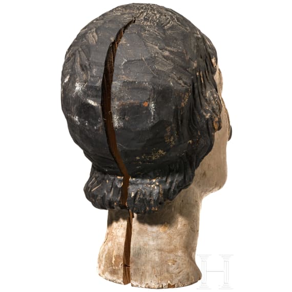 Gefasster Holzkopf f&uuml;r eine Harnischpuppe, deutsch, um 1900
