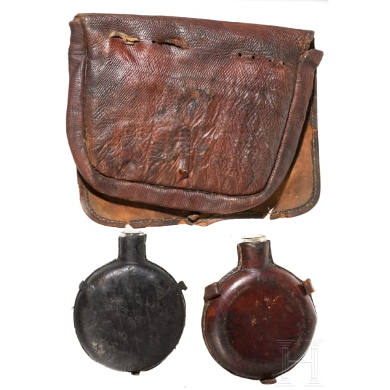 Jagdtasche und zwei lederbezogene Trinkflaschen, deutsch, Mitte 19. Jhdt.