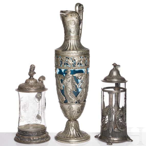 Drei Glaskr&uuml;ge mit Metallmontierung, WMF, Geislingen, um 1900