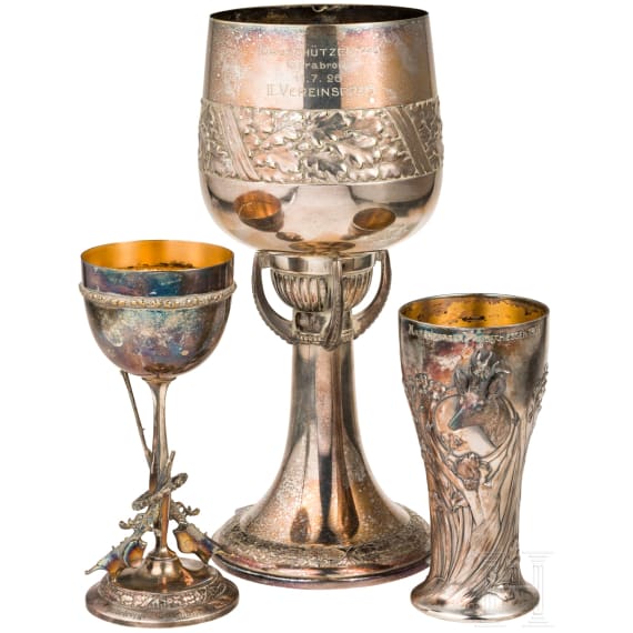 Drei Sch&uuml;tzen-Pokale, Geislingen, WMF, um 1910 bzw. datiert 1924 bzw. 1926