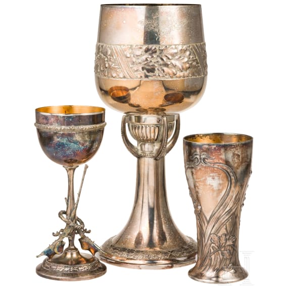 Drei Sch&uuml;tzen-Pokale, Geislingen, WMF, um 1910 bzw. datiert 1924 bzw. 1926
