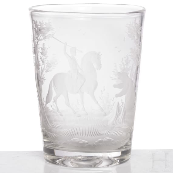 Gro&szlig;er Becher mit B&auml;renjagdmotiv, B&ouml;hmen, um 1820