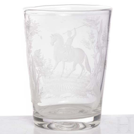 Gro&szlig;er Becher mit B&auml;renjagdmotiv, B&ouml;hmen, um 1820
