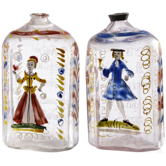 Ein Paar Schnapsflaschen mit farbiger Emaillebemalung, alpenl&auml;ndisch, um 1780