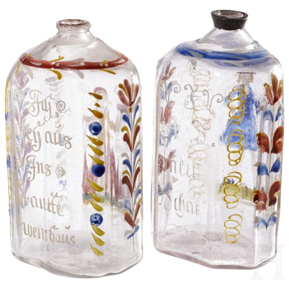 Ein Paar Schnapsflaschen mit farbiger Emaillebemalung, alpenl&auml;ndisch, um 1780
